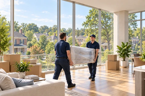 Movers carrying a sofa in a bright home with leafy Franklin surroundings