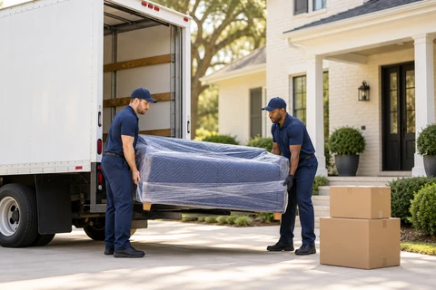 Moving crew and truck in a leafy brick residential neighborhood Moving crew and truck in a leafy brick residential neighborhood